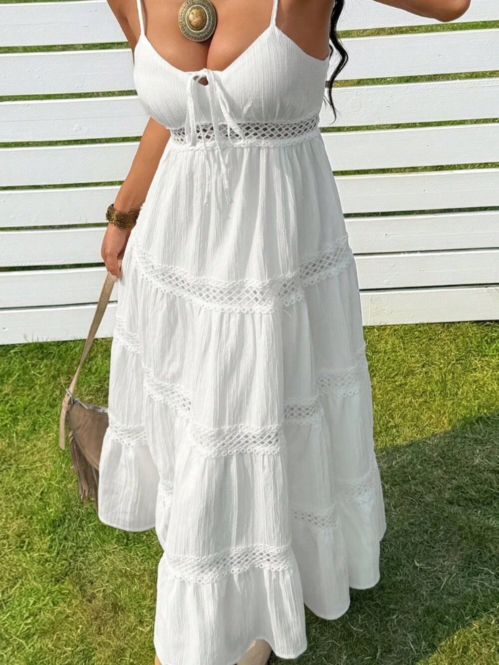 White Casual Women's Music Festival Dress Woven Spaghetti Strap Vacation Dress - Picture 6 of 8